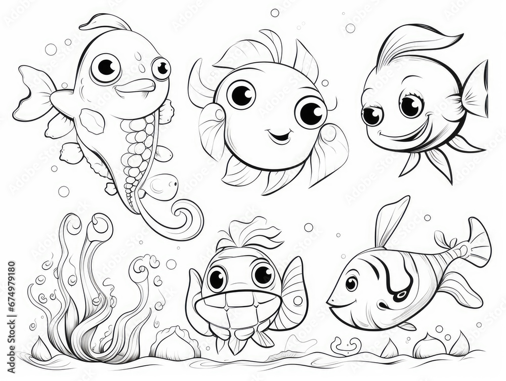 Fototapeta premium Bundle of Underwater animals for kids with simple lines.