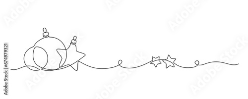 One continuous line drawing of Christmas greeting card. Festive balls and baubles and stars for winter holiday concept in simple linear style. Xmas decor in editable stroke. Doodle vector illustration