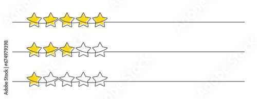 One continuous line drawing set of stars. Rating service, high quality review and customer feedback in a simple linear style. Christmas border in editable stroke. Doodle vector illustration