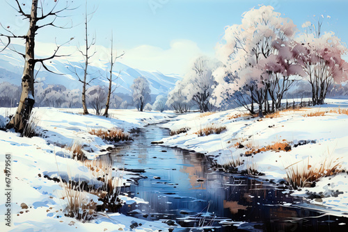 Winter picturesque watercolor landscape. Ai art © Tatyana Olina