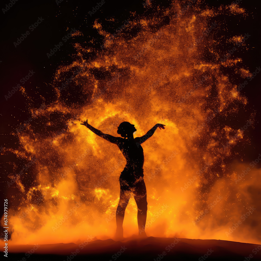 Woman silhouette standing on red flame background. Fireshow in dark night. Girl dancing in burning fire
