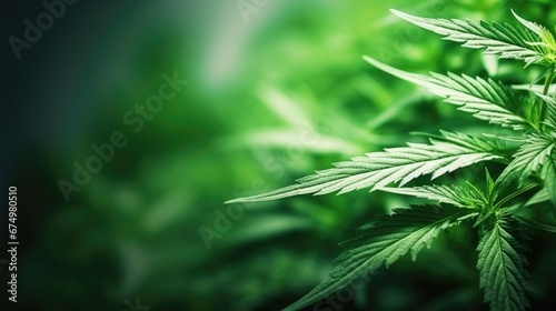 Cannabis leaves background. Hemp plant green leaf close-up. Growing organic cannabis herb plantation on the farm. Marijuana cultivation, alternative medicine concept.