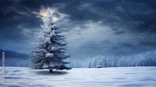 Decorated Christmas tree with garland lights in winter night forest fantasy landscape background. Happy New Year, Marry Xmas, Winter Holidays concept. Festive wallpaper for greeting card, flyer.