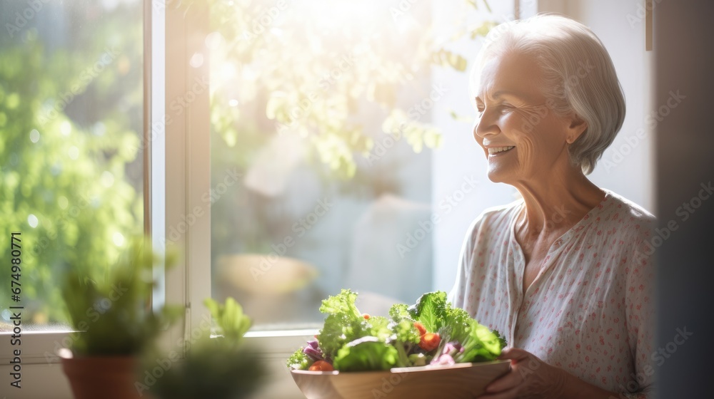 Mature woman holding vegan salad with many vegetables. Veganuary, Healthy lifestyle concept. Senior lady Portrait with healthy fresh vegetarian salad.. Mature woman holding vegan salad with many vegetables. Veganuary, Healthy lifestyle concept. Senior lady Portrait with healthy fresh vegetarian salad..