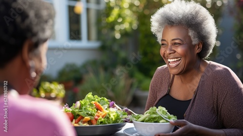 African American Mature woman holding vegan salad with many vegetables. Veganuary  Healthy lifestyle concept. Senior lady Portrait with healthy  fresh vegetarian salad..