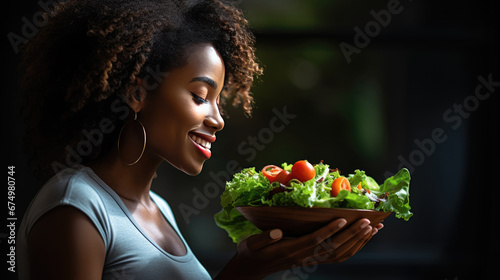 African American Woman holding vegan salad with many vegetables. Veganuary  Healthy lifestyle concept. lady Portrait with healthy  fresh vegetarian salad..