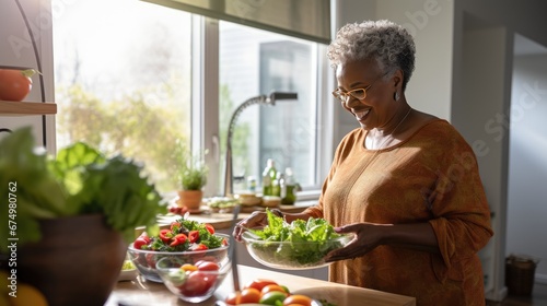 African American Mature woman holding vegan salad with many vegetables. Veganuary  Healthy lifestyle concept. Senior lady Portrait with healthy  fresh vegetarian salad..