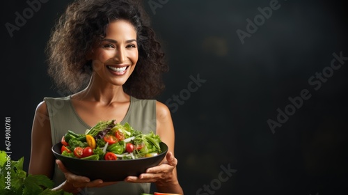 Mature woman holding vegan salad with many vegetables. Veganuary  Healthy lifestyle concept. Senior lady Portrait with healthy  fresh vegetarian salad..