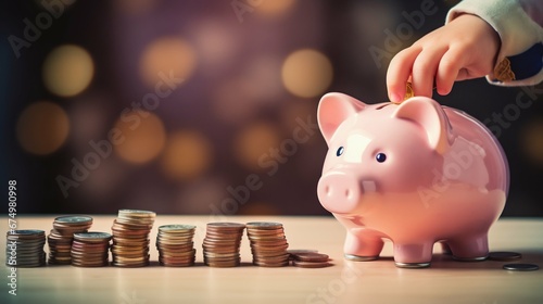 Securing Tomorrow: Child Deposits Coins into Pink Piggy Bank. Generative ai photo
