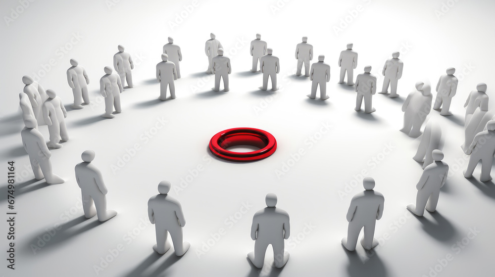 Stand out from the crowd and different creative idea concepts one red target marketing man amongs other white people on white gray background with shadows and reflections 3D rendering Stand out from the crowd and different creative idea concepts one red target marketing man amongs other white people on white gray background with shadows and reflections 3D rendering