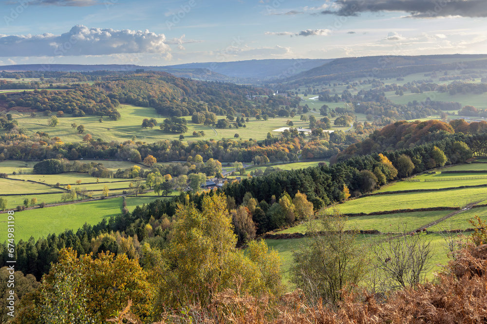 A stunning autumn view from the end of Baslow Edge down the Derwent Valley  in the Peak District National Park, England
