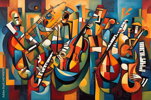 jazz themed cubist style abstract painting of musicians playing instruments photo