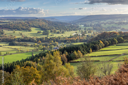 A stunning autumn view from the end of Baslow Edge down the Derwent Valley in the Peak District National Park, England