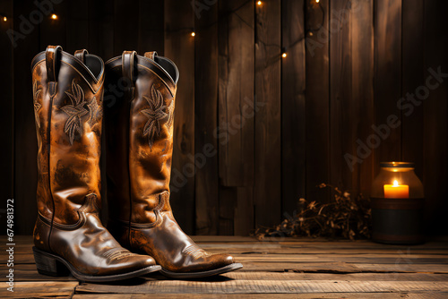 brown leather cowboy boots in wooden barn interior photo