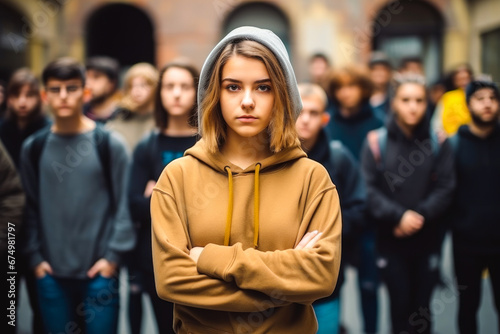 Young female student standing in determined solidarity, with a group of people actively protesting in a movement. Concept of fighting for change and embodying Gen Z spirit