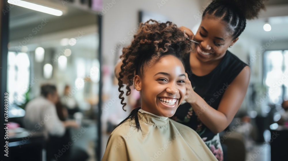 Laughter in the Salon: African American Girl and Hairdresser Share a Joyful Moment. Generative ai Laughter in the Salon: African American Girl and Hairdresser Share a Joyful Moment. Generative ai