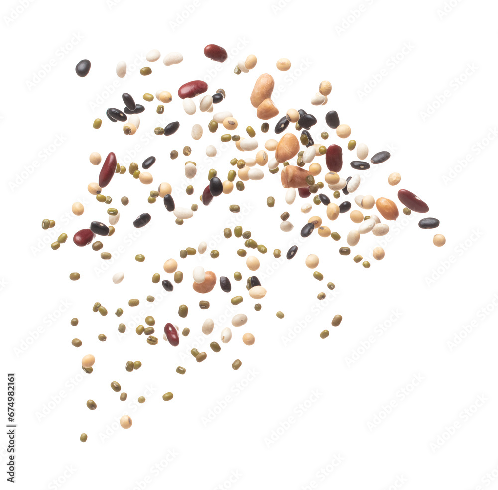 Mix beans fall down explosion, several kind bean float explode. Dried mixed white green red soy black peanut beans splash throwing in Air. White background Isolated high speed shutter, freeze Mix beans fall down explosion, several kind bean float explode. Dried mixed white green red soy black peanut beans splash throwing in Air. White background Isolated high speed shutter, freeze