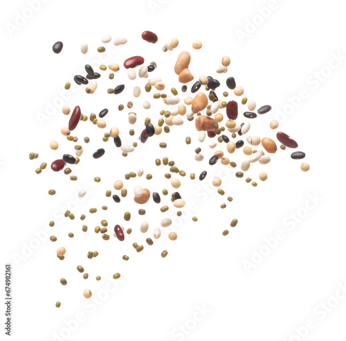 Mix beans fall down explosion, several kind bean float explode. Dried mixed white green red soy black peanut beans splash throwing in Air. White background Isolated high speed shutter, freeze