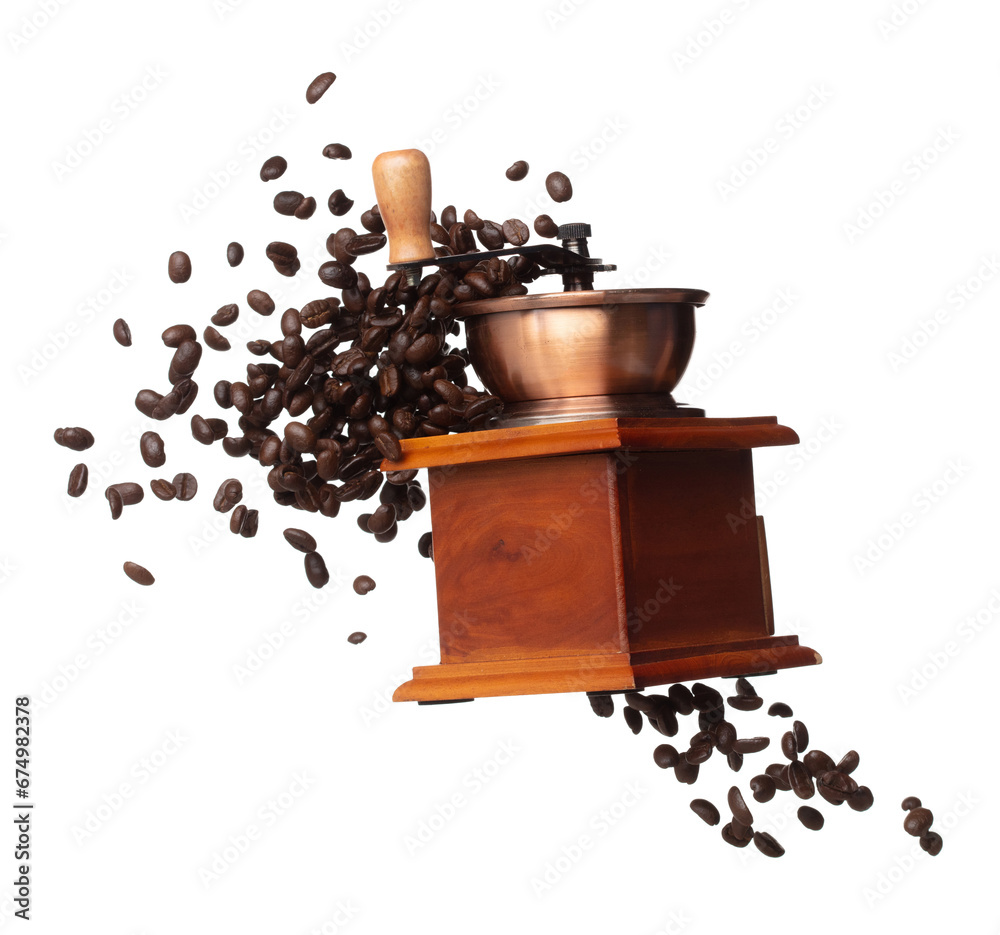 Coffee Grinder fly float in air, vintage Coffee mill for coffee bean to