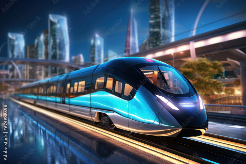 A high-speed train entering a futuristic train station, symbolizing the Concept of rail transportation infrastructure. Generative Ai. A high-speed train entering a futuristic train station, symbolizing the Concept of rail transportation infrastructure. Generative Ai.
