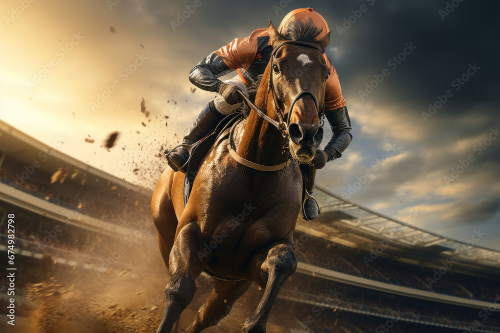 A jockey skillfully riding a racehorse around a crowded racetrack, symbolizing the Concept of equestrian sports and racing. Generative Ai. - obrazy, fototapety, plakaty 