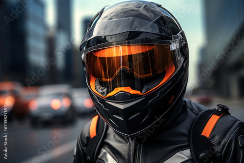 A motorcyclist wearing a helmet and protective gear, emphasizing the Concept of road safety for two-wheelers. Generative Ai.