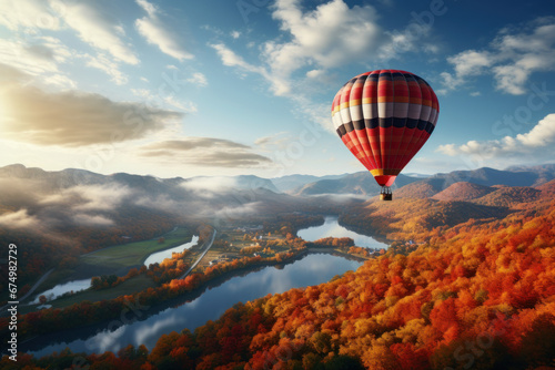 A hot air balloon floating gracefully over a picturesque landscape, capturing the Concept of aerial tourism. Generative Ai.