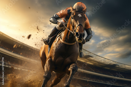 A jockey skillfully riding a racehorse around a crowded racetrack, symbolizing the Concept of equestrian sports and racing. Generative Ai.