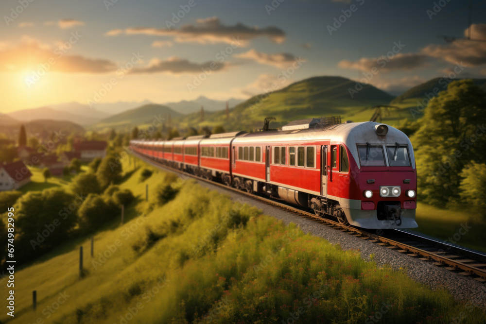 A passenger train making its way through a picturesque countryside, representing the Concept of scenic rail journeys. Generative Ai.