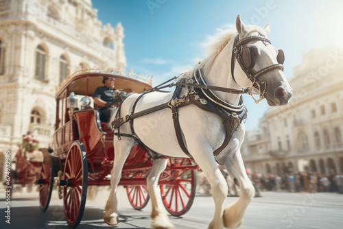 A traditional horse-drawn carriage carrying tourists through the historic streets of a European city, highlighting the Concept of heritage tourism. Generative Ai.