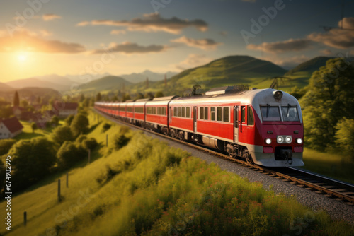 A passenger train making its way through a picturesque countryside, representing the Concept of scenic rail journeys. Generative Ai.