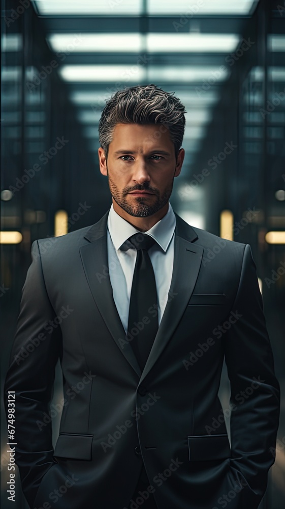 Businessman standing wearing formal suit. Eye focus to success. Generative AI.