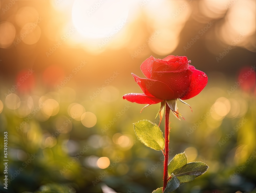 Obraz premium Red rose grew up with sunlight. Generative AI.
