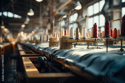 A bustling textile factory with rows of sewing machines, representing the Concept of textile manufacturing and the fashion industry. Generative Ai. photo