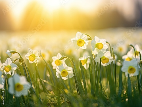 Daffodils in the field in high sun in spring with clouds and sky. Generative AI.