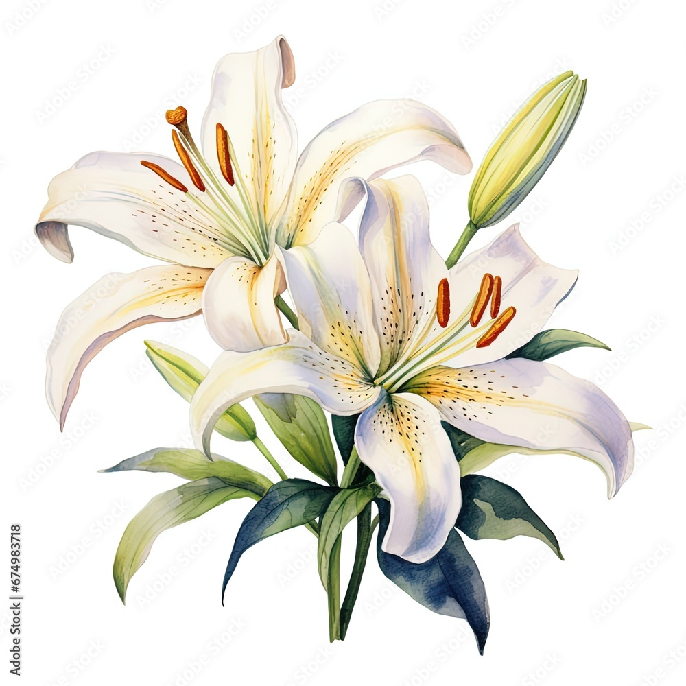 Obraz premium lily watercolor painting style. White background isolated. Generative AI.