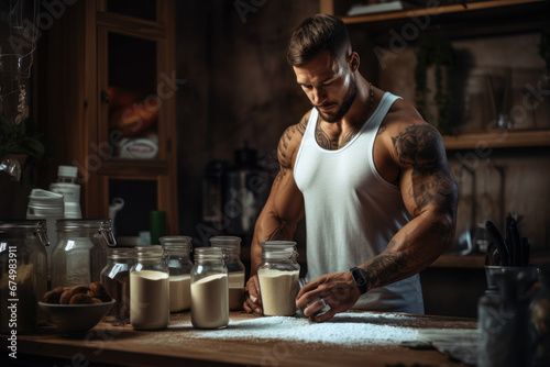 A fitness trainer demonstrating how to prepare a protein shake with whey powder. Concept of sports nutrition. Generative Ai.