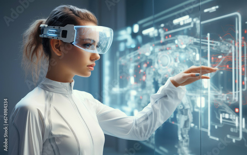 A female doctor uses a virtual reality helmet to work in an advanced futuristic laboratory.