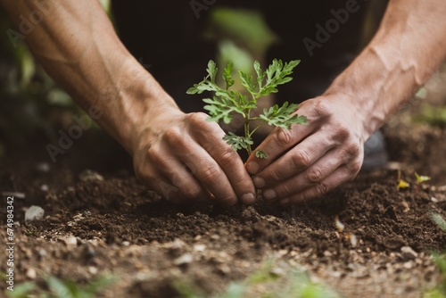 hands green plant a sprout in soil.