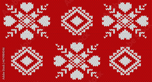 White flower and heart on red knitted pattern, Festive Sweater Design. Seamless Knitted Pattern