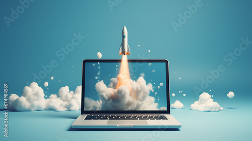a rocket flying from the laptop screen on pastel blue background
