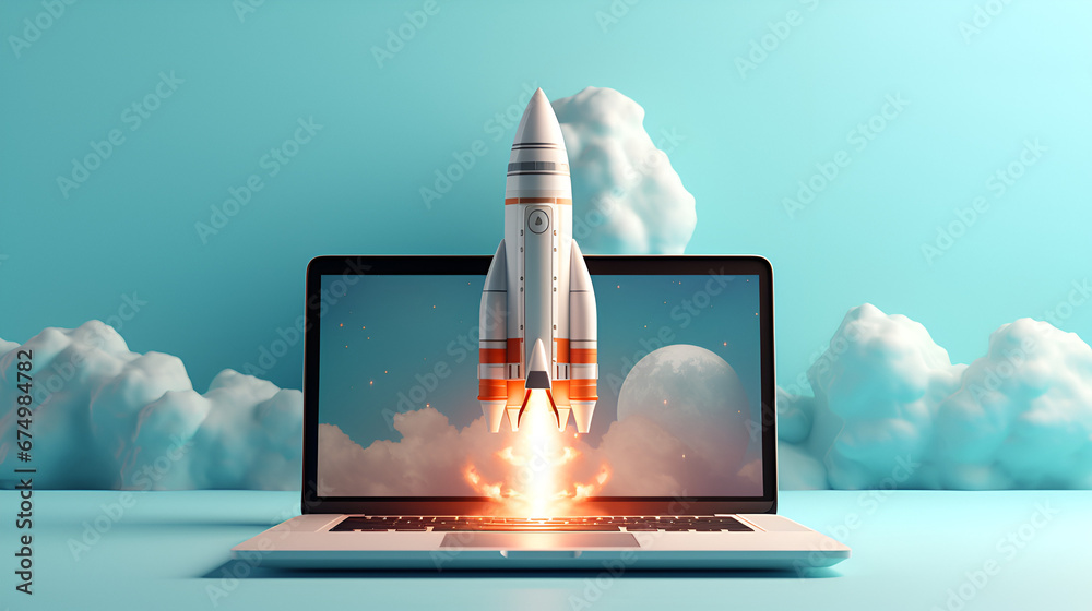 a rocket flying from the laptop screen on pastel blue background - obrazy, fototapety, plakaty 