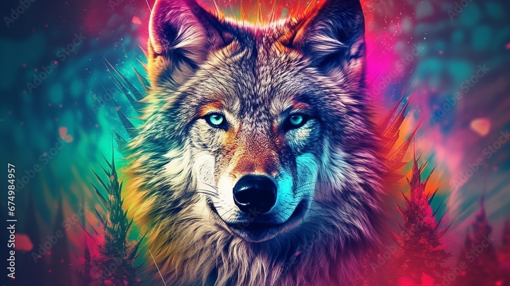 Naklejka premium Colorful horned howling wolf head psychedelic background photography image AI generated art