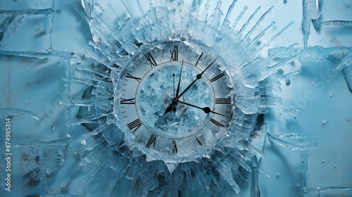 AI generated illustration of a broken clock mounted on a wall with a backdrop of snow photo