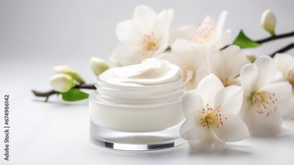 whitening and moisturizing Face cream in an open glass jar and flowers on white background. Set for spa, skin care and body products and solutions for skin problems such as scars, acne, wrinkles.