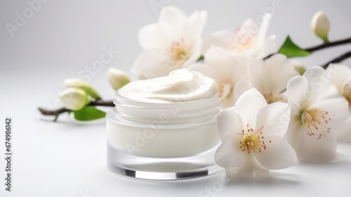 whitening and moisturizing Face cream in an open glass jar and flowers on white background. Set for spa  skin care and body products and solutions for skin problems such as scars  acne  wrinkles.