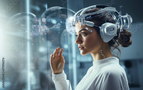 A female doctor uses a virtual reality helmet to work in an advanced futuristic laboratory.