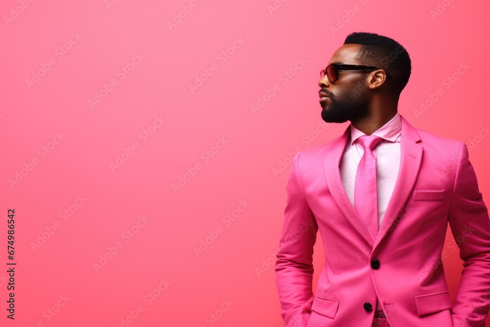 Fashion portrait of stylish african american man with pink jacket and white shirt isolated on clear fuchsia background with copy space. Businessman in official suit. Masculine confidence. Dandy look Fashion portrait of stylish african american man with pink jacket and white shirt isolated on clear fuchsia background with copy space. Businessman in official suit. Masculine confidence. Dandy look
