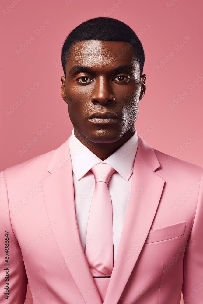 Fashion portrait of stylish african american man with pink jacket and white shirt isolated on clear fuchsia background with copy space. Businessman in official suit. Masculine confidence. Dandy look Fashion portrait of stylish african american man with pink jacket and white shirt isolated on clear fuchsia background with copy space. Businessman in official suit. Masculine confidence. Dandy look