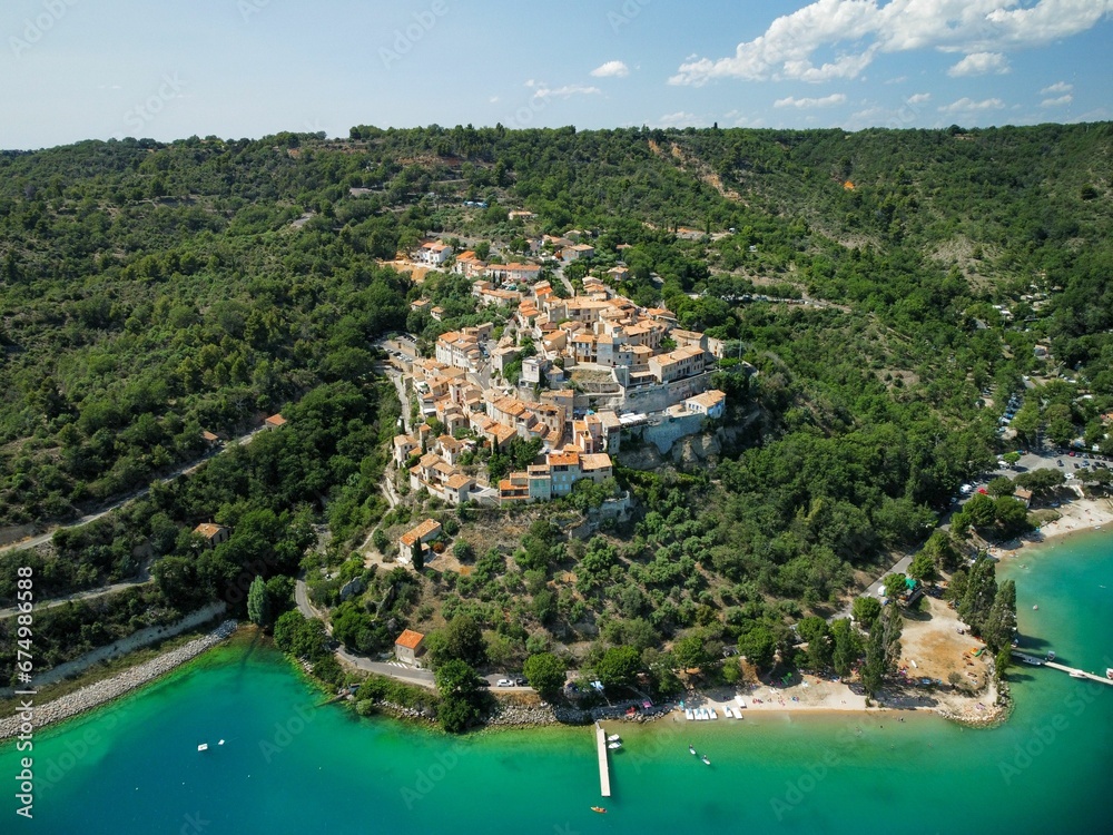 Aerial view of an old town at Lake Sainte-Croix, France on a sunny day